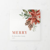 クリスマスおめでとう ポインセチア 松の木 3 フォト 水彩画 三つ折りクリスマスカード (カバー)