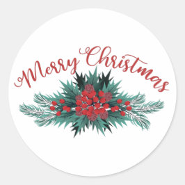 クリスマスおめでとう 松の枝 ツルハシ 赤い実 ポインセチア ラウンドシール