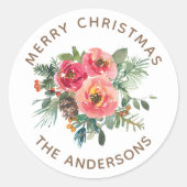 クリスマスおめでとう | 水彩花の冬のホリデー ラウンドシール (正面)