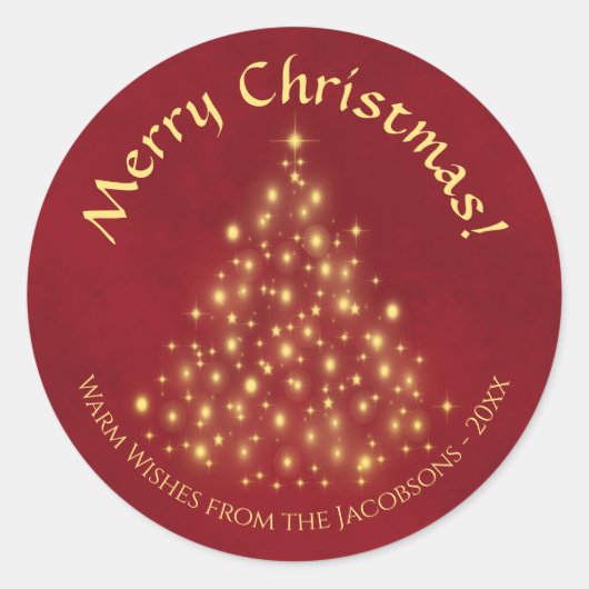 クリスマスおめでとう! 真紅の背景に金のライトのツリー ラウンドシール (正面)