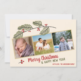 クリスマスおめでとう| 緑の葉と赤い実の3枚写真カード カード