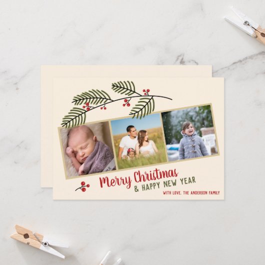 クリスマスおめでとう| 緑の葉と赤い実の3枚写真カード カード (正面/裏面インサイチュ)