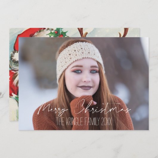 クリスマスおめでとう、裏面にあなたの写真を飾ったビンテージサンタ シーズンカード (正面/裏面)