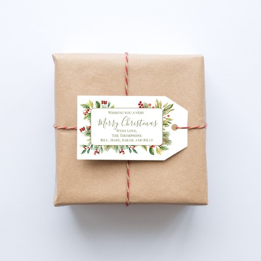 クリスマスおめでとう 赤いホーリーと緑の葉 ギフトタグ