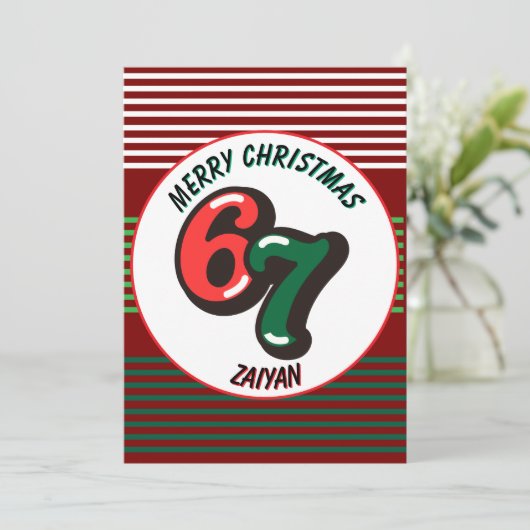 クリスマスおめでとう 赤い数字の6と7 カスタムネーム シーズンカード (スタンド正面)