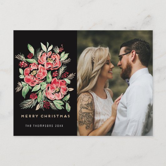 クリスマスおめでとう 赤い水彩画のバラの写真 シーズンポストカード (正面)