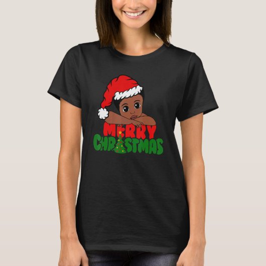 クリスマスおめでとう 黒い少年 アフロ少年 アフリカ系アメリカ人 Tシャツ (正面)