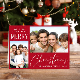 クリスマスおめでとう 2枚の写真入りレッドスクリプト シーズンカード
