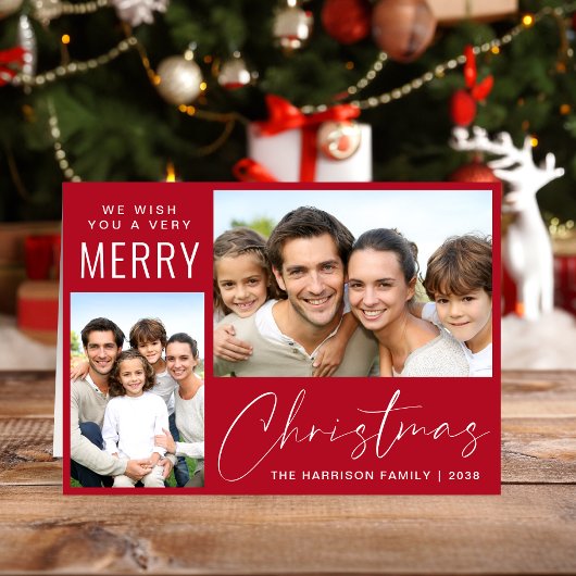 クリスマスおめでとう 2枚の写真入りレッドスクリプト シーズンカード