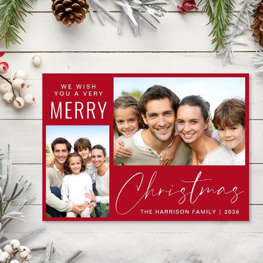 クリスマスおめでとう 2枚の写真入りレッドスクリプト シーズンカード