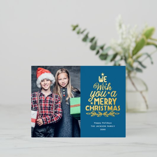 クリスマスおめでとう　2枚の写真　金 箔シーズンポストカード (立ち正面)