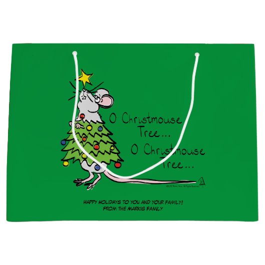 クリスマスおもしろいかわいいマウスツリーマンガ ラージペーパーバッグ (正面)
