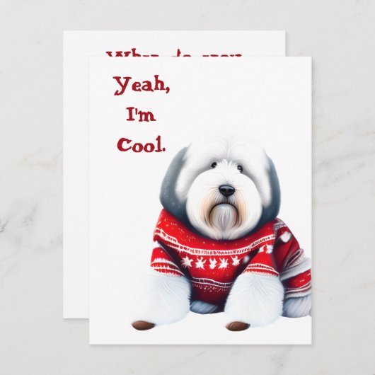 クリスマスおもしろいのセーターを着た古い英語のシェプドッグ シーズンカード (正面/裏面)