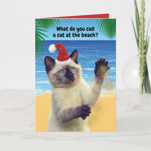 クリスマスおもしろいのビーチに「サンディ·ツメ」猫 シーズンカード (正面)