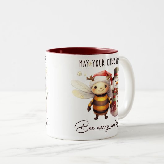 クリスマスおもしろいのミツバチと輝きメリーを祈る ツートーンマグカップ (正面右)
