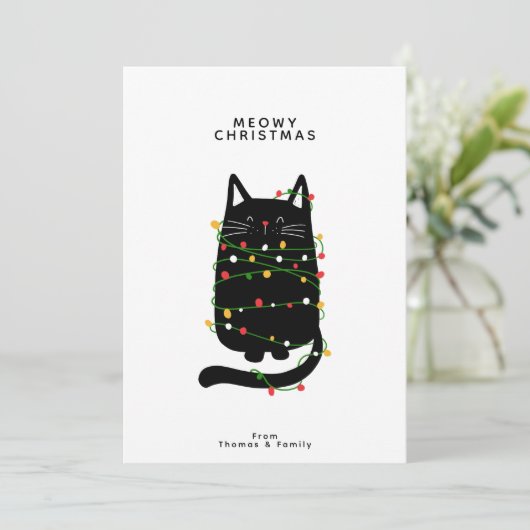 クリスマスおもしろいの光に照らされた黒猫 シーズンカード (スタンド正面)