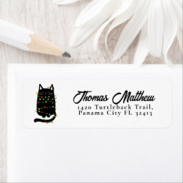 クリスマスおもしろいの光に照らされた黒猫 ラベル