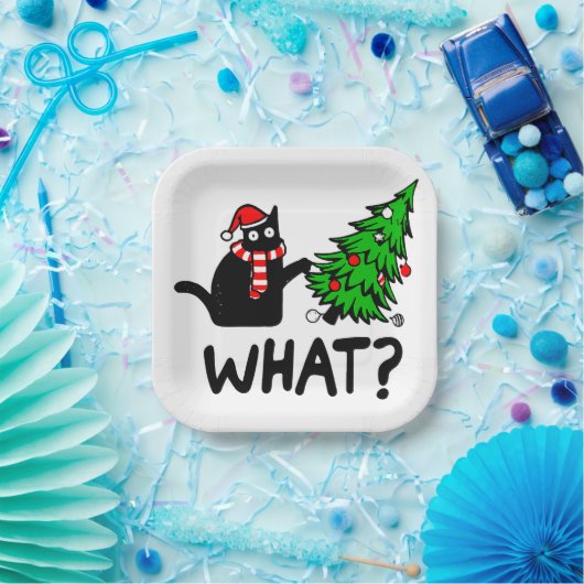 クリスマスおもしろいの木でペットを愛する黒猫 ペーパープレート (パーティー)