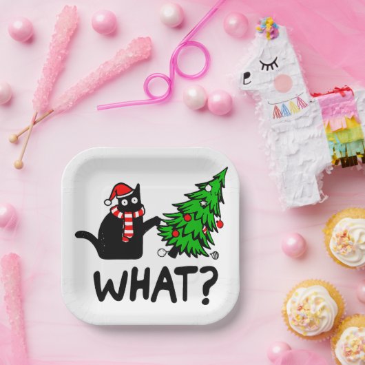 クリスマスおもしろいの木でペットを愛する黒猫 ペーパープレート (パーティー)