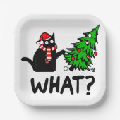 クリスマスおもしろいの木でペットを愛する黒猫 ペーパープレート (正面)