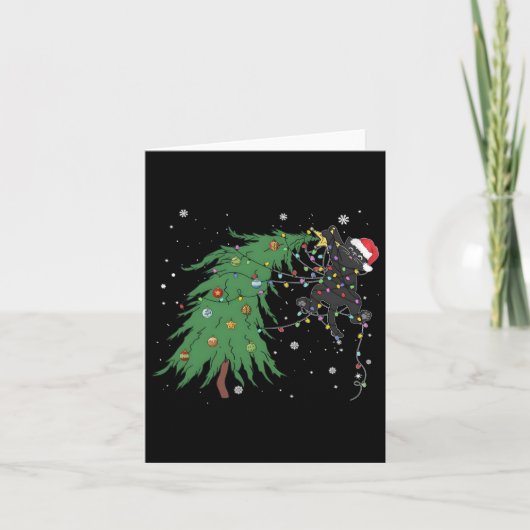 クリスマスおもしろいの木に黒いネコのサンタが絡まった カード (正面)