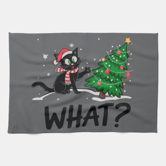 クリスマスおもしろいの木の猫を押している黒猫は何だ? キッチンタオル (横)