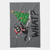 クリスマスおもしろいの木の猫を押している黒猫は何だ? キッチンタオル (縦)