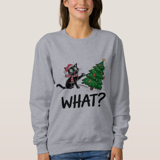 クリスマスおもしろいの木の猫を押している黒猫は何だ? スウェットシャツ (正面)