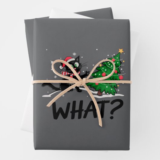 クリスマスおもしろいの木の猫を押している黒猫は何だ？ ラッピングペーパーシート (インサイチュ)