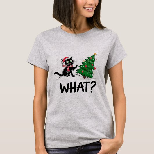 クリスマスおもしろいの木の猫を押している黒猫は何だ？ Tシャツ (正面)