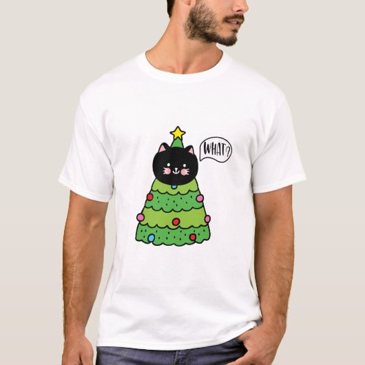 クリスマスおもしろいの木を押す黒猫ギフト Tシャツ (正面)