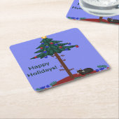 クリスマスおもしろいの木を持つ猫 スクエアペーパーコースター (アングル)