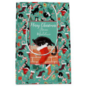 クリスマスおもしろいの猫とストッキングパーソナライズされた  ミディアムペーパーバッグ (正面)