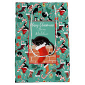 クリスマスおもしろいの猫とストッキングパーソナライズされた  ミディアムペーパーバッグ (裏面)