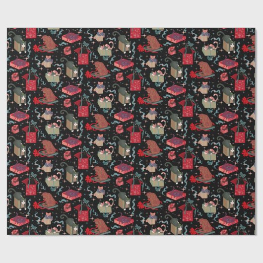 クリスマスおもしろいの箱に入った猫の黒い赤緑 ラッピングペーパー (フラット)