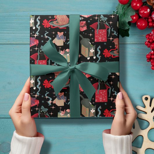 クリスマスおもしろいの箱に入った猫の黒い赤緑 ラッピングペーパー