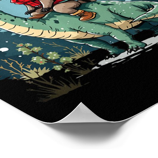 クリスマスおもしろいアライグマ乗馬の恐竜トレックスアニマ ポスター (角)