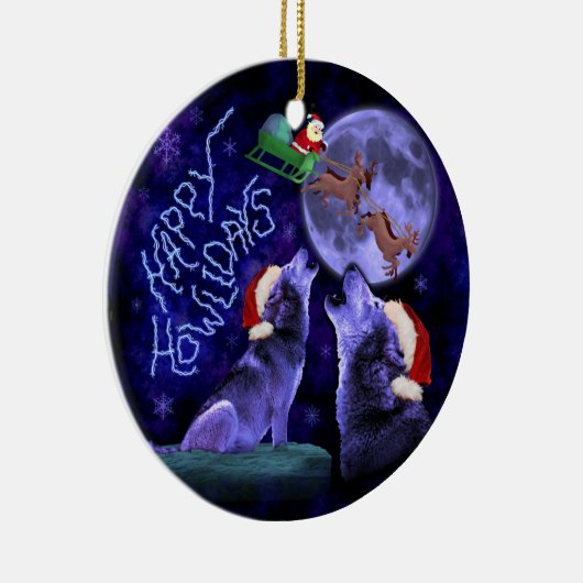 クリスマスおもしろいウルフプンハッピーハウリデイズユーモア セラミックオーナメント (右)