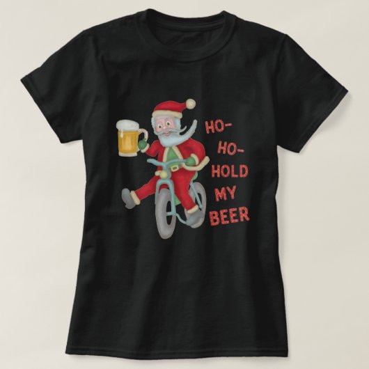 クリスマスおもしろいサンタクロースがビールを飲むユーモアのある Tシャツ (デザイン正面)
