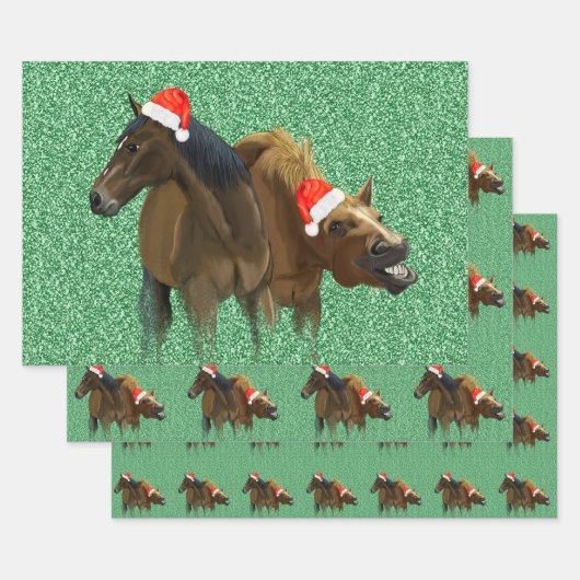 クリスマスおもしろいサンタ帽をかぶったアメリカの馬 ラッピングペーパーシート (セット)