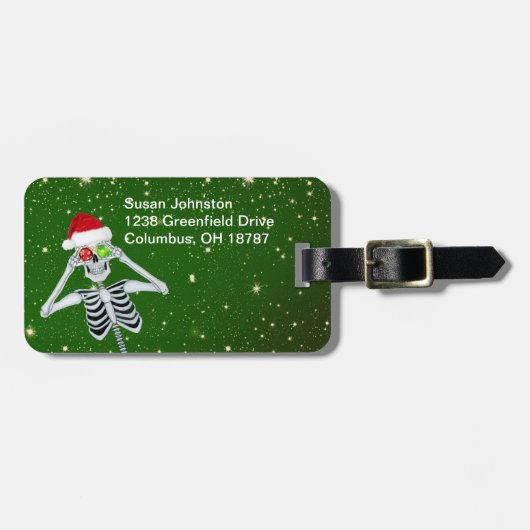 クリスマスおもしろいスケルトンハットオーナメントグリーン金ゴールド ラゲッジタグ (正面横)