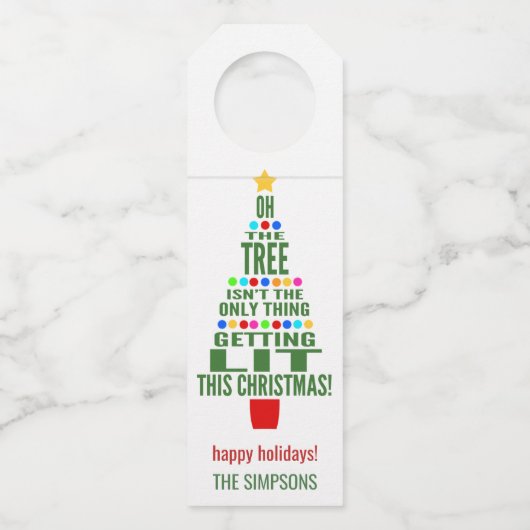 クリスマスおもしろいツリーが点灯 | ワイン ボトルネックタグ (正面)