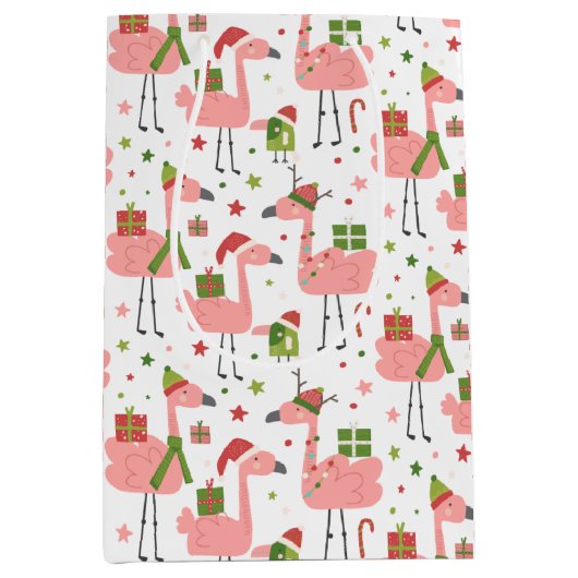 クリスマスおもしろいピンクフラミンゴ ミディアムペーパーバッグ (正面)