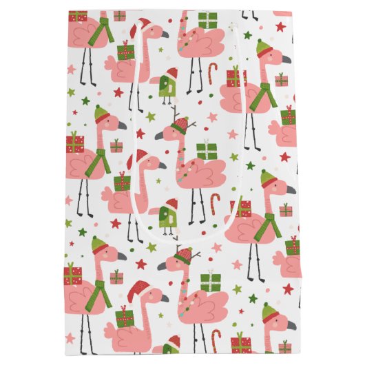 クリスマスおもしろいピンクフラミンゴ ミディアムペーパーバッグ (裏面)