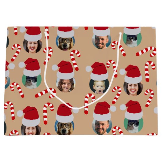 クリスマスおもしろいファミリーフォトサンタハツクラフト ラージペーパーバッグ (正面)