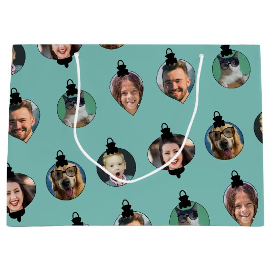 クリスマスおもしろいファミリーフォト顔オーナメント ラージペーパーバッグ (正面)