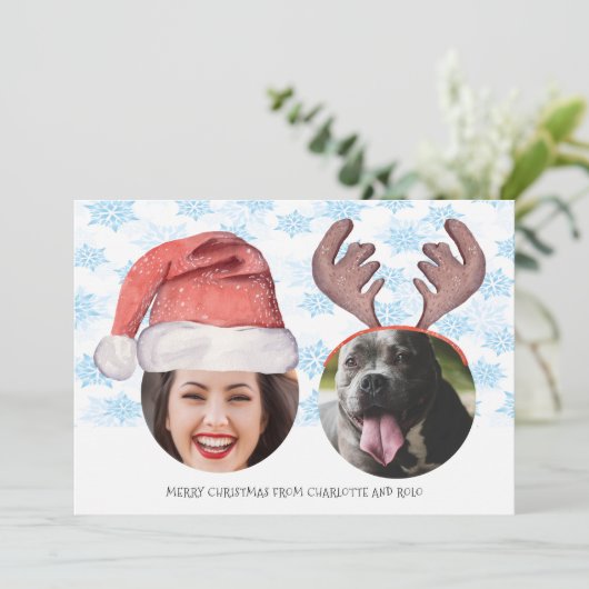 クリスマスおもしろいフォトサンタトナカイパーソナライズされた シーズンカード (スタンド正面)