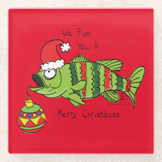 クリスマスおもしろいベース魚釣り魚かわいい漫画 ガラスコースター (正面)