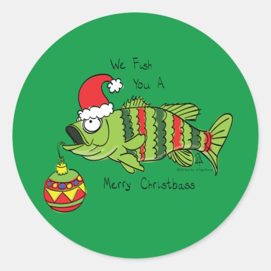 クリスマスおもしろいベース魚釣り魚かわいい漫画 ラウンドシール (正面)