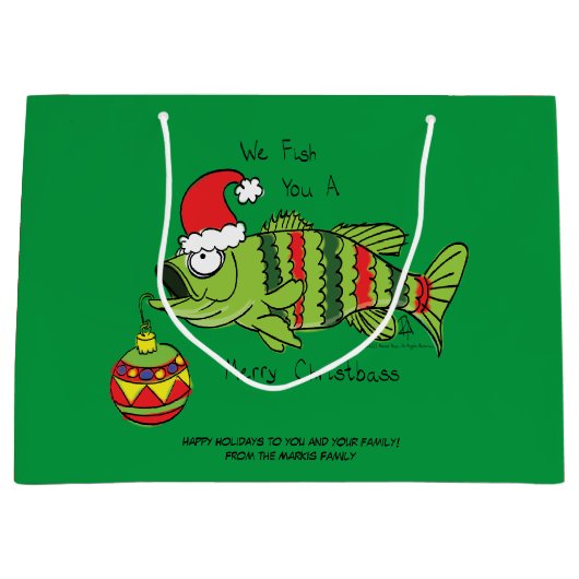 クリスマスおもしろいベース魚釣り魚かわいい漫画 ラージペーパーバッグ (正面)
